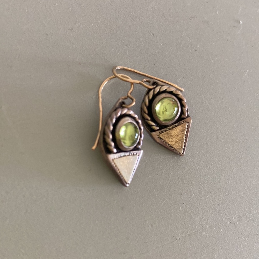 Silver and gold Artisan Handmade Earrings with Green Stone boho vibes - Picture 2 of 6